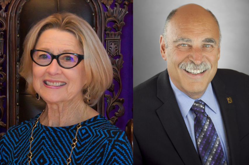 Headshots of an older woman with blonde hair and glasses on the left, and a bald older man with a mustache and suit on the right. South Florida Business & Wealth