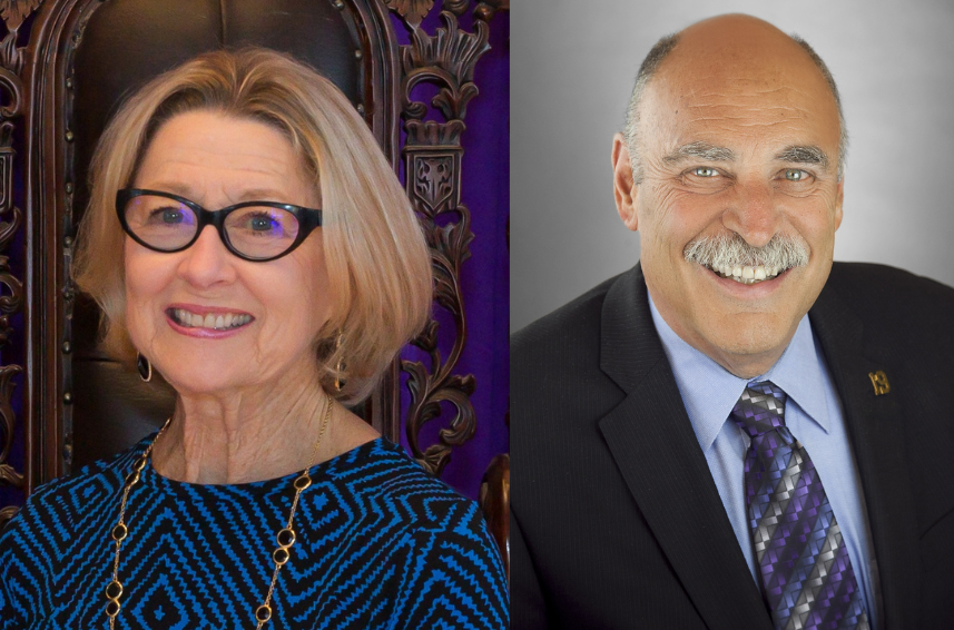 Headshots of an older woman with blonde hair and glasses on the left, and a bald older man with a mustache and suit on the right. South Florida Business & Wealth