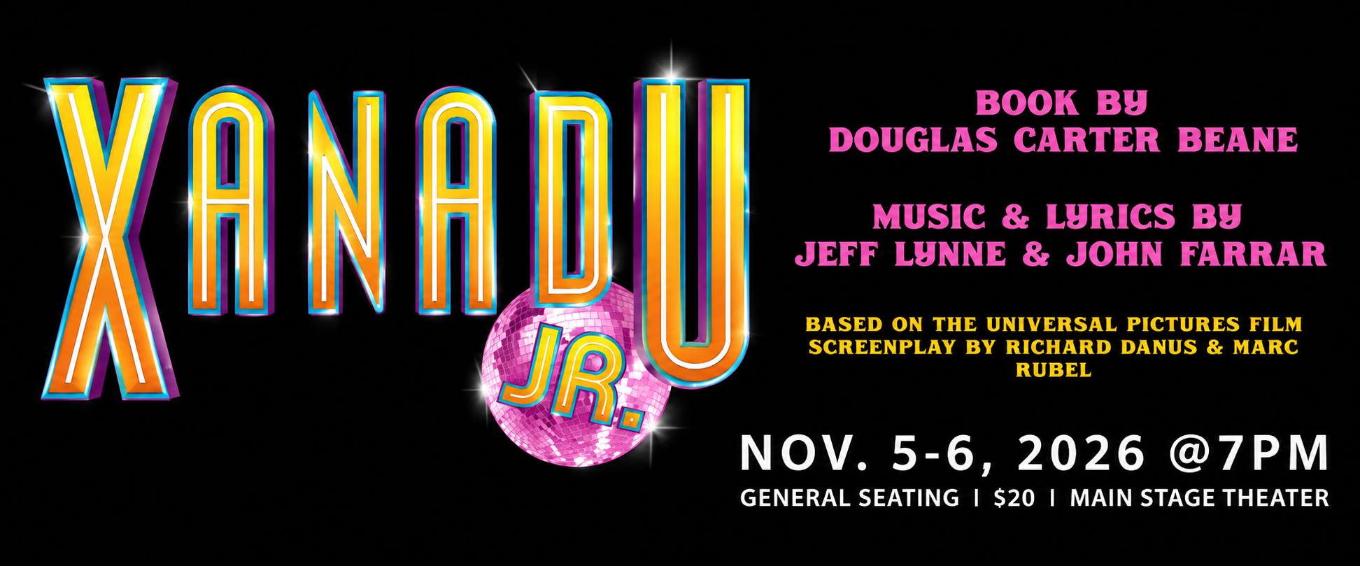 Promotional poster for Xanadu Jr. listing the creative team, show dates of November 5-6, 2026, at 7 PM, and ticket information. South Florida Business & Wealth