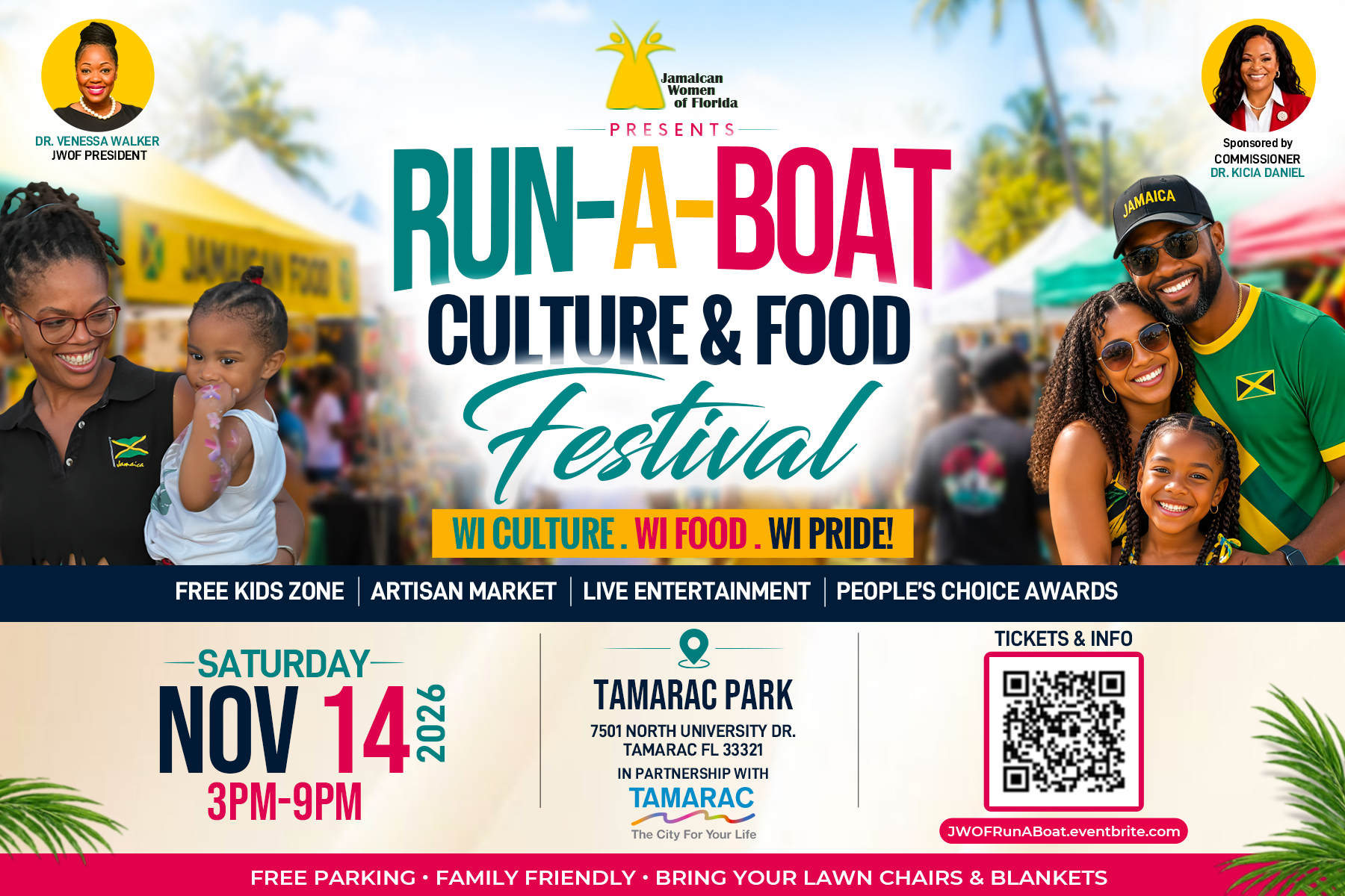 Event flyer for the Jamaican Women of Florida Run-A-Boat Culture & Food Festival on Saturday, November 14, 2026, at Tamarac Park, featuring photos of attendees and a QR code for tickets. South Florida Business & Wealth