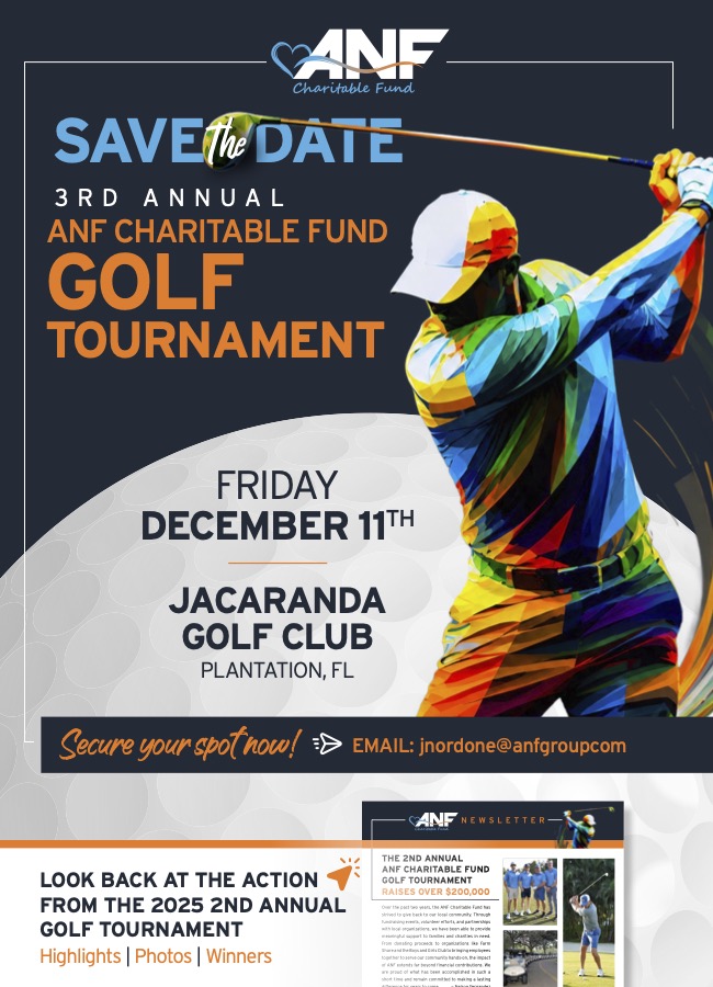 Colorful poster for the 3rd ANF Charitable Fund Golf Tournament on Dec 11 at Jacaranda Golf Club. Features a golfer silhouette and info about a previous event with highlights and photos. South Florida Business & Wealth