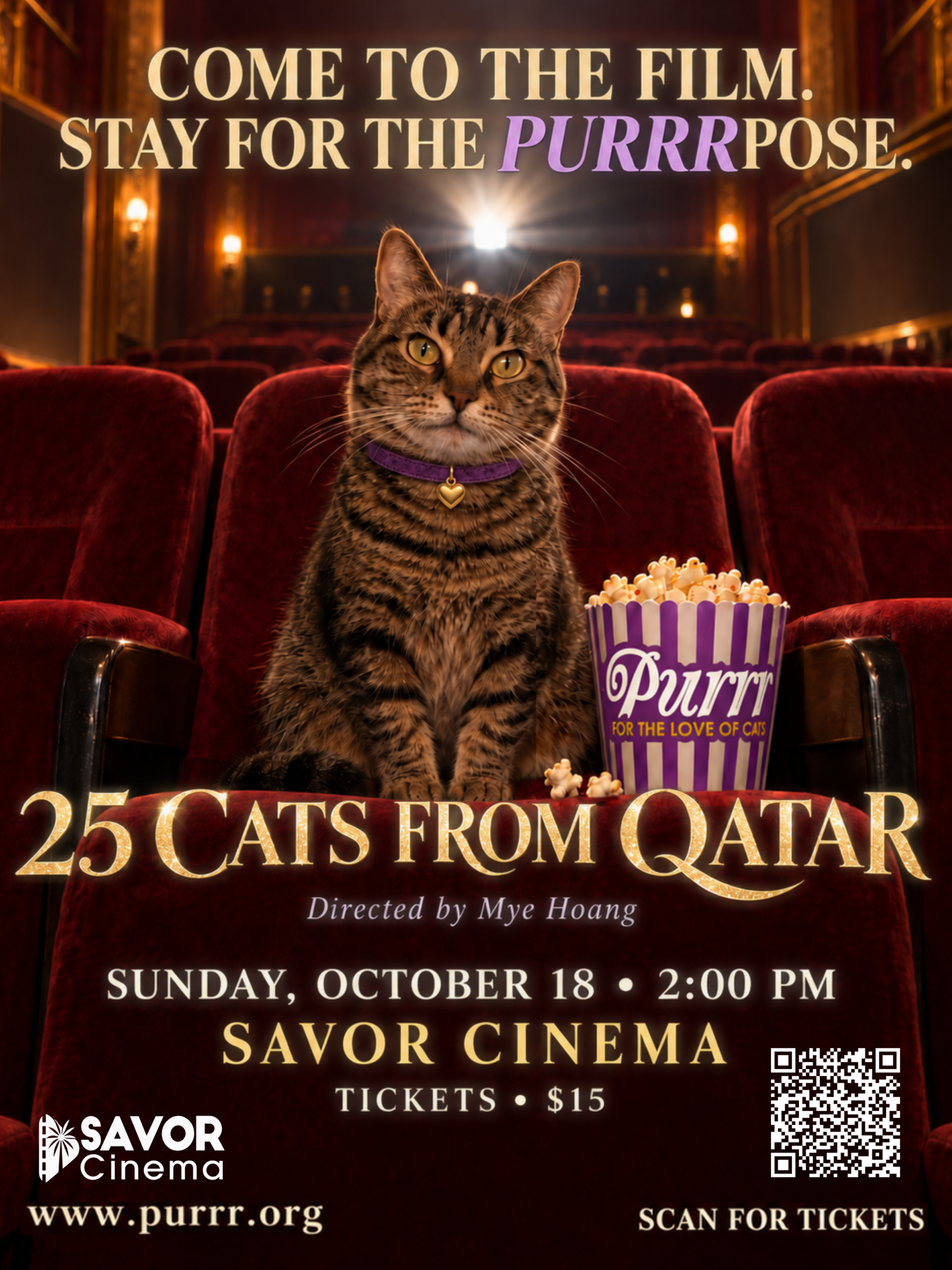 Movie poster for “25 Cats from Qatar” showing a cat in a theater seat next to popcorn, with screening details for October 18 at Savor Cinema and a QR code for tickets. South Florida Business & Wealth