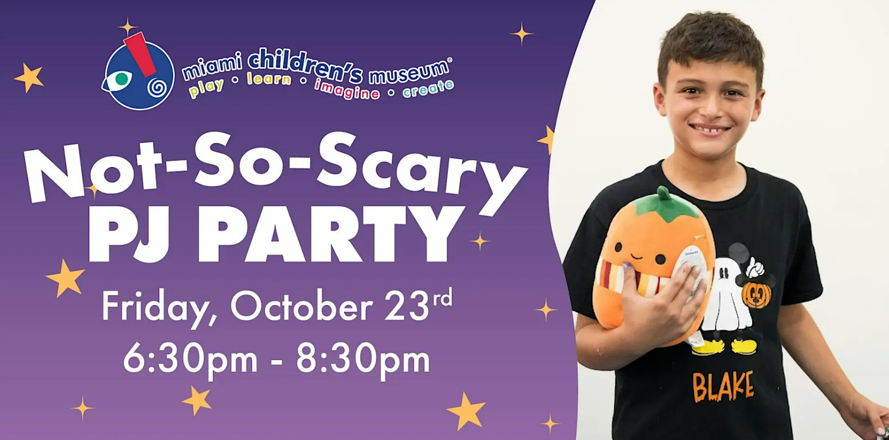 A smiling boy holds a pumpkin plush toy, promoting the Miami Children’s Museum Not-So-Scary PJ Party on Friday, October 23rd, from 6:30pm to 8:30pm. South Florida Business & Wealth