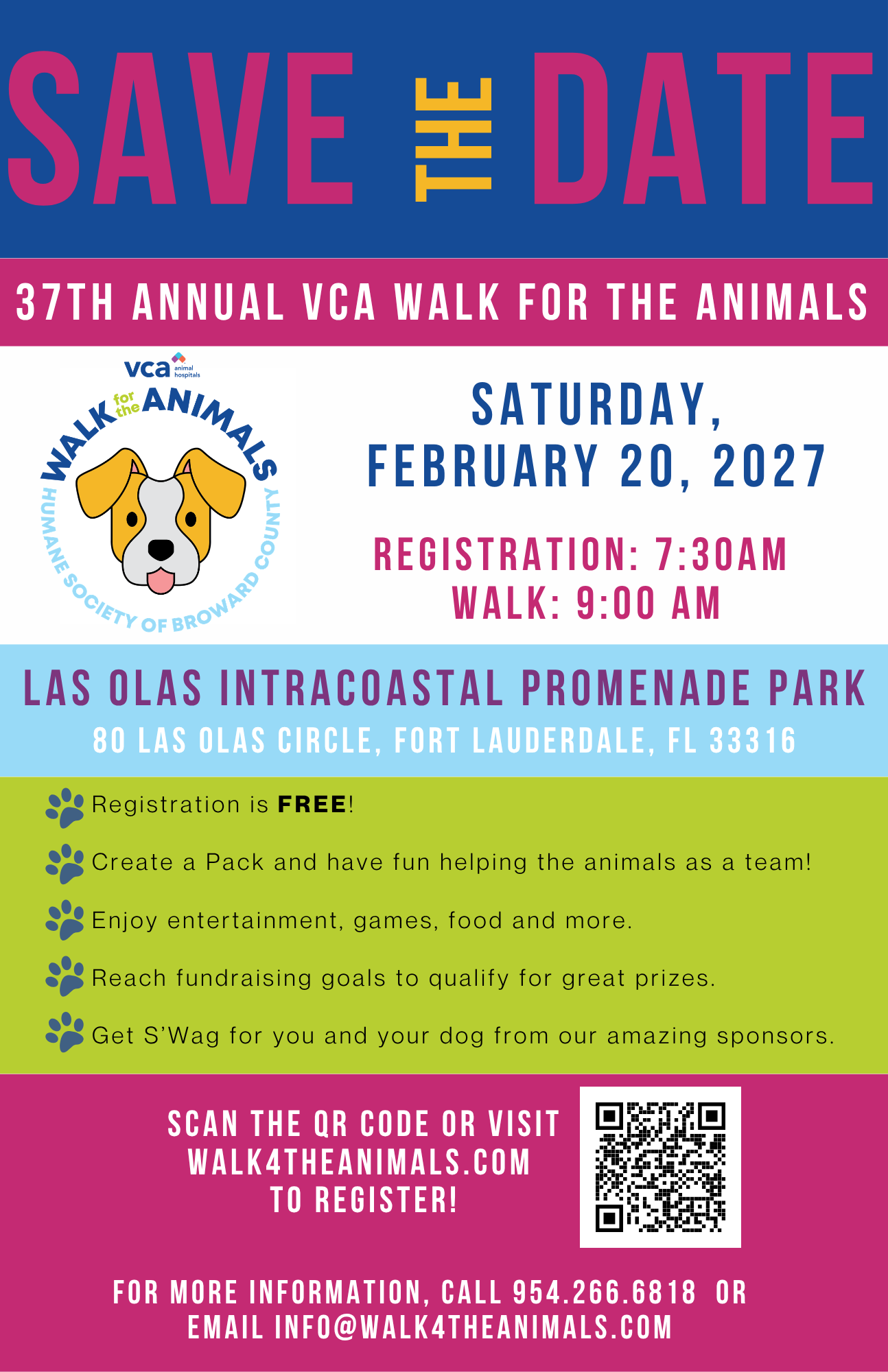 A colorful “Save the Date” flyer for the 37th Annual VCA Walk for the Animals on Feb. 20, 2027, at Las Olas Intracoastal Promenade Park, with event details, icons, and sponsor logos. South Florida Business & Wealth