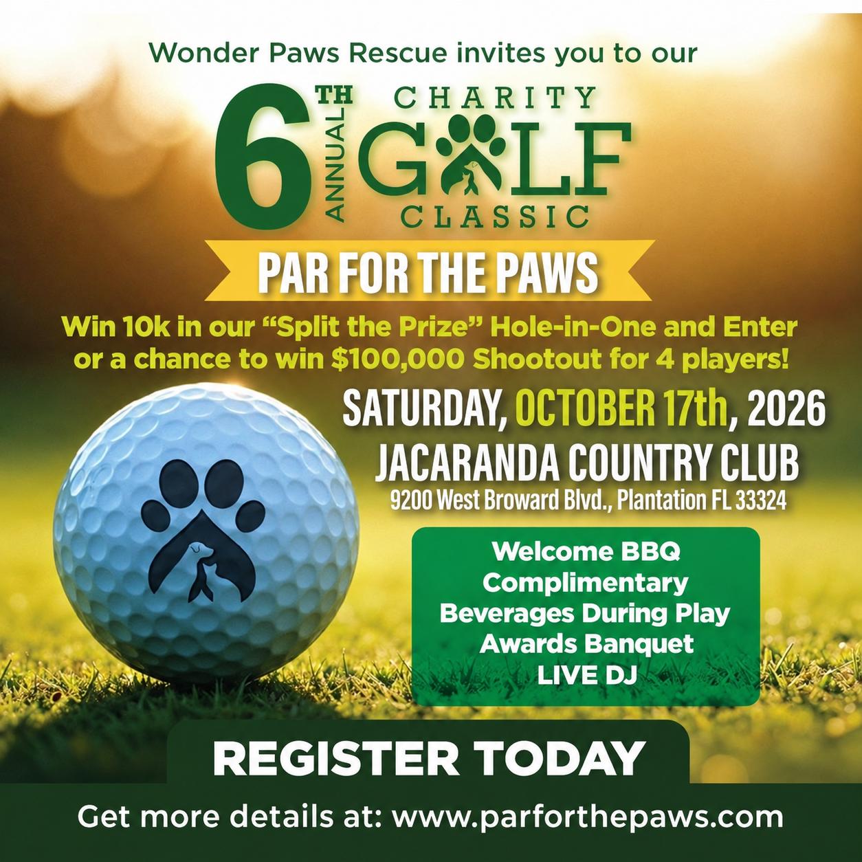Flyer for the Wonder Paws Rescue 6th Annual Charity Golf Classic on October 17, 2026, at Jacaranda Country Club, featuring information on prizes, event activities, and registration at parforthepaws.com. South Florida Business & Wealth