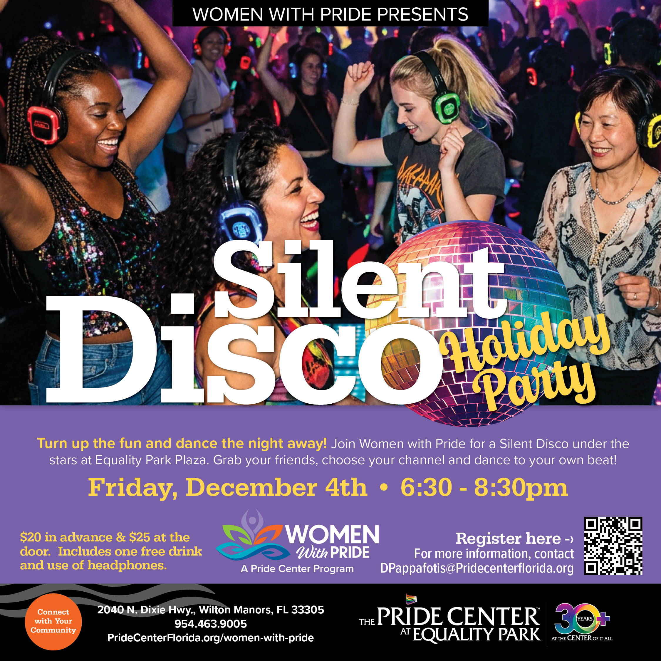 Flyer for the Women with Pride Silent Disco Holiday Party on Friday, December 4th from 6:30 to 8:30pm, featuring an image of people dancing while wearing headphones and a QR code for registration. South Florida Business & Wealth