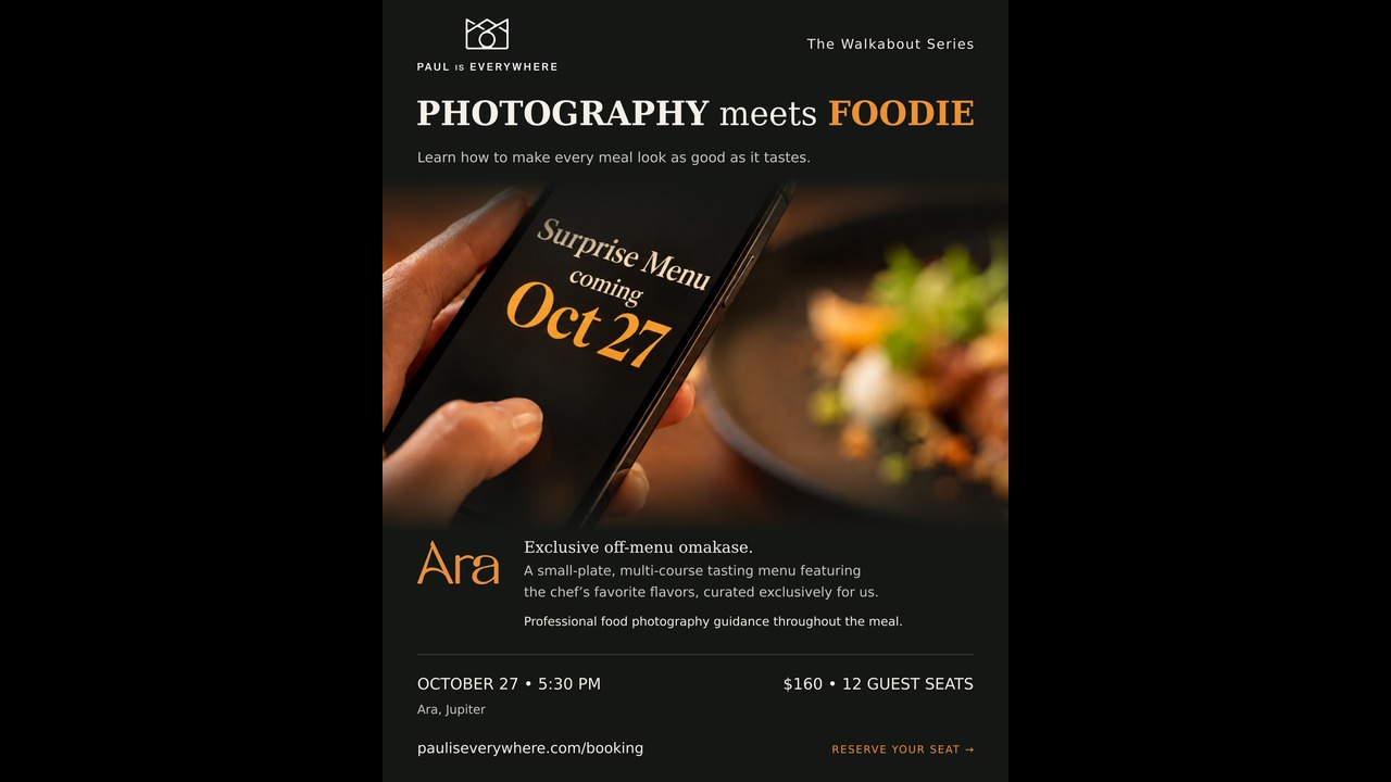 Promotional flyer for an Ara restaurant omakase event on October 27, featuring a surprise menu, food photography guidance, and booking information. South Florida Business & Wealth
