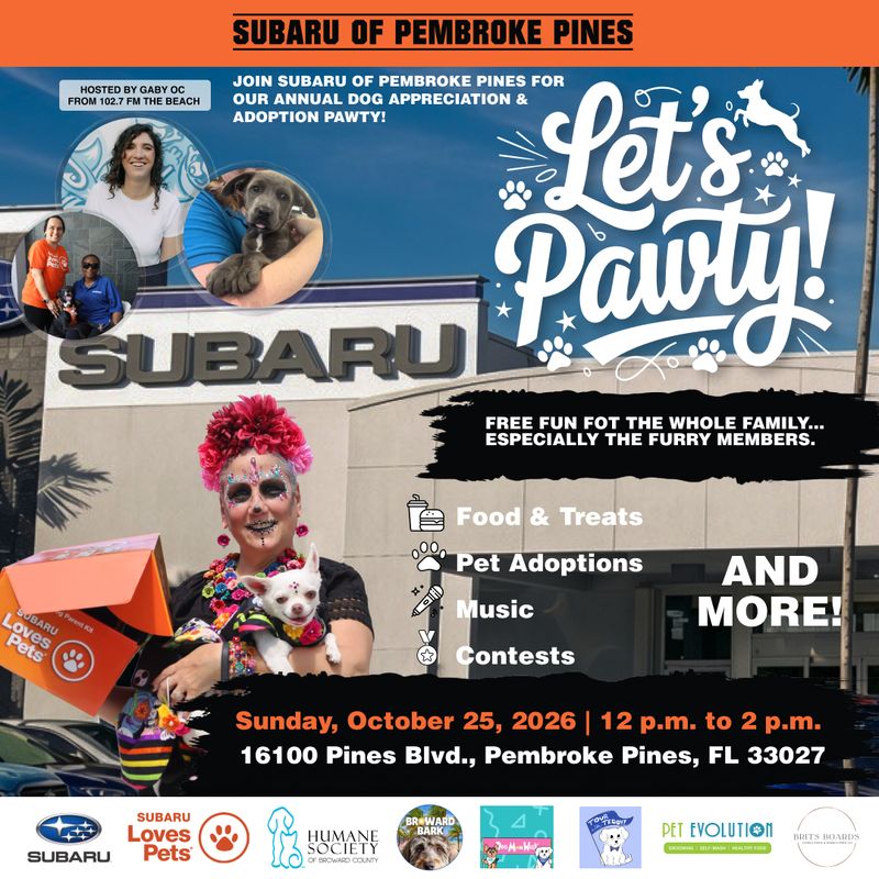 Event flyer for the Subaru of Pembroke Pines “Let’s Pawty!” dog adoption event on Sunday, October 25, 2026, featuring photos of pets, people, and information on activities, location, and sponsors. South Florida Business & Wealth