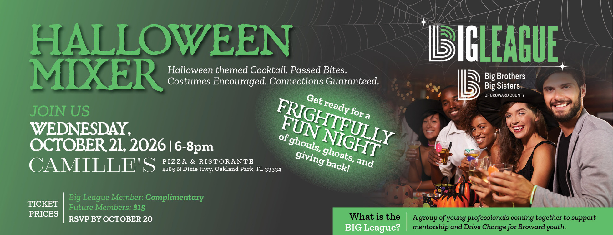 Event flyer for a Big League Halloween Mixer on October 21, 2026, from 6-8 p.m. at Camille’s in Oakland Park, FL, featuring event details, ticket prices, and a photo of smiling young professionals. South Florida Business & Wealth